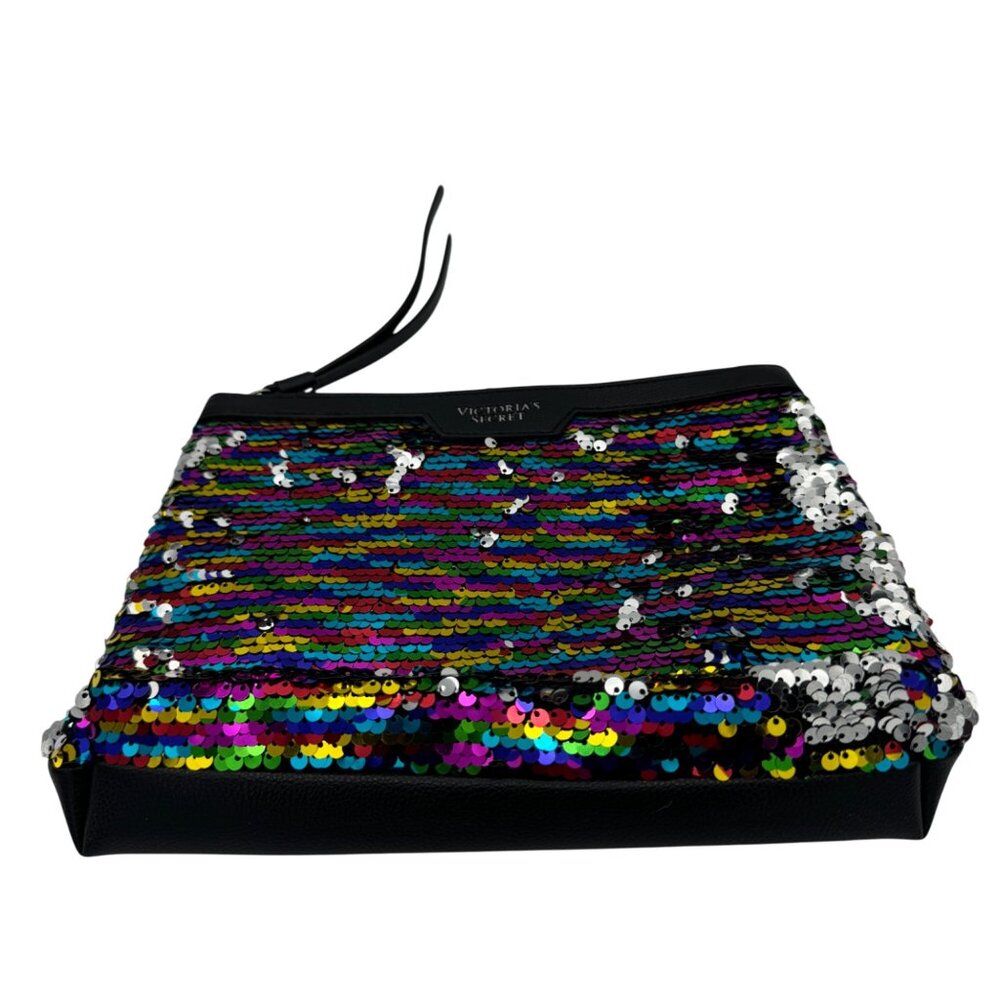 Victorias Secret Multicolor Sequin & Black Faux Leather Wristlet Clutch Bag